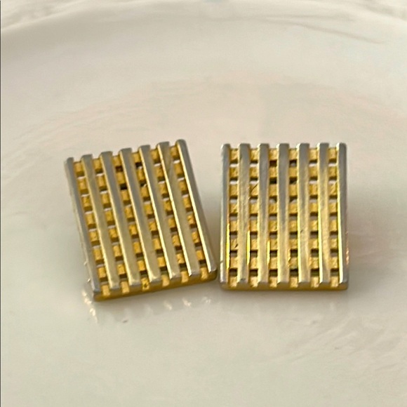 Gold Square Block Striped Earrings Vintage - Picture 1 of 4